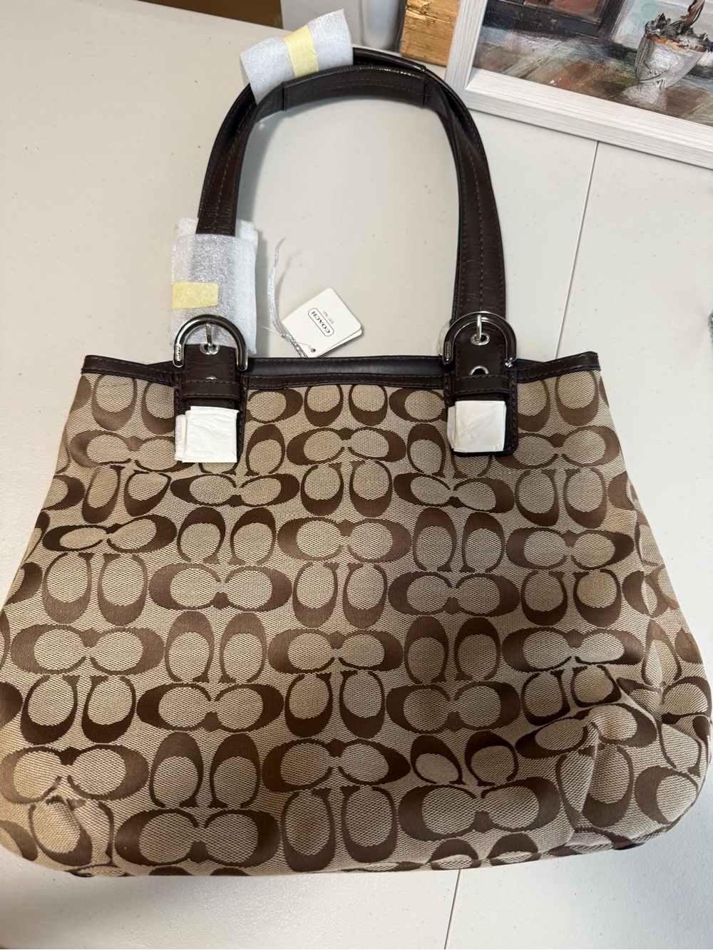 Coach Brown Signature Canvas Shoulder Bag with Dark Brown Trim NWT